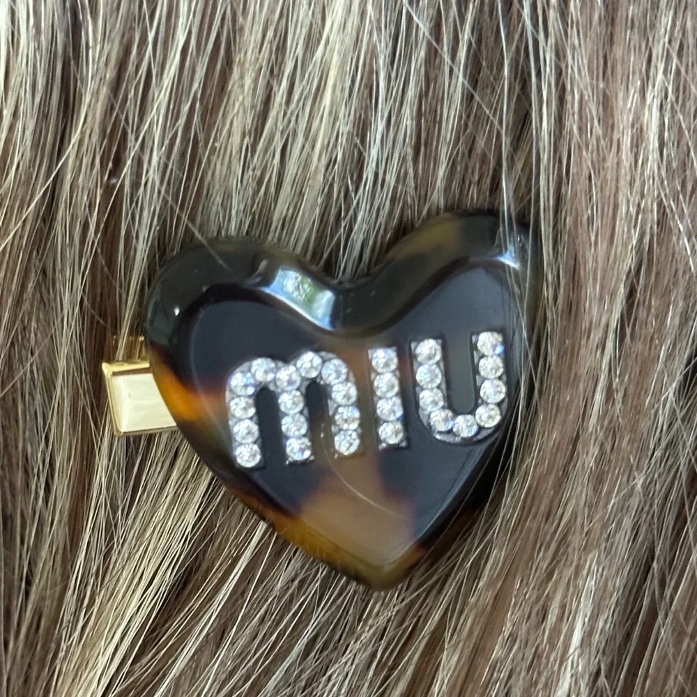 Miu Miu Tortoiseshell Heart Hair Clip with Gold Accents